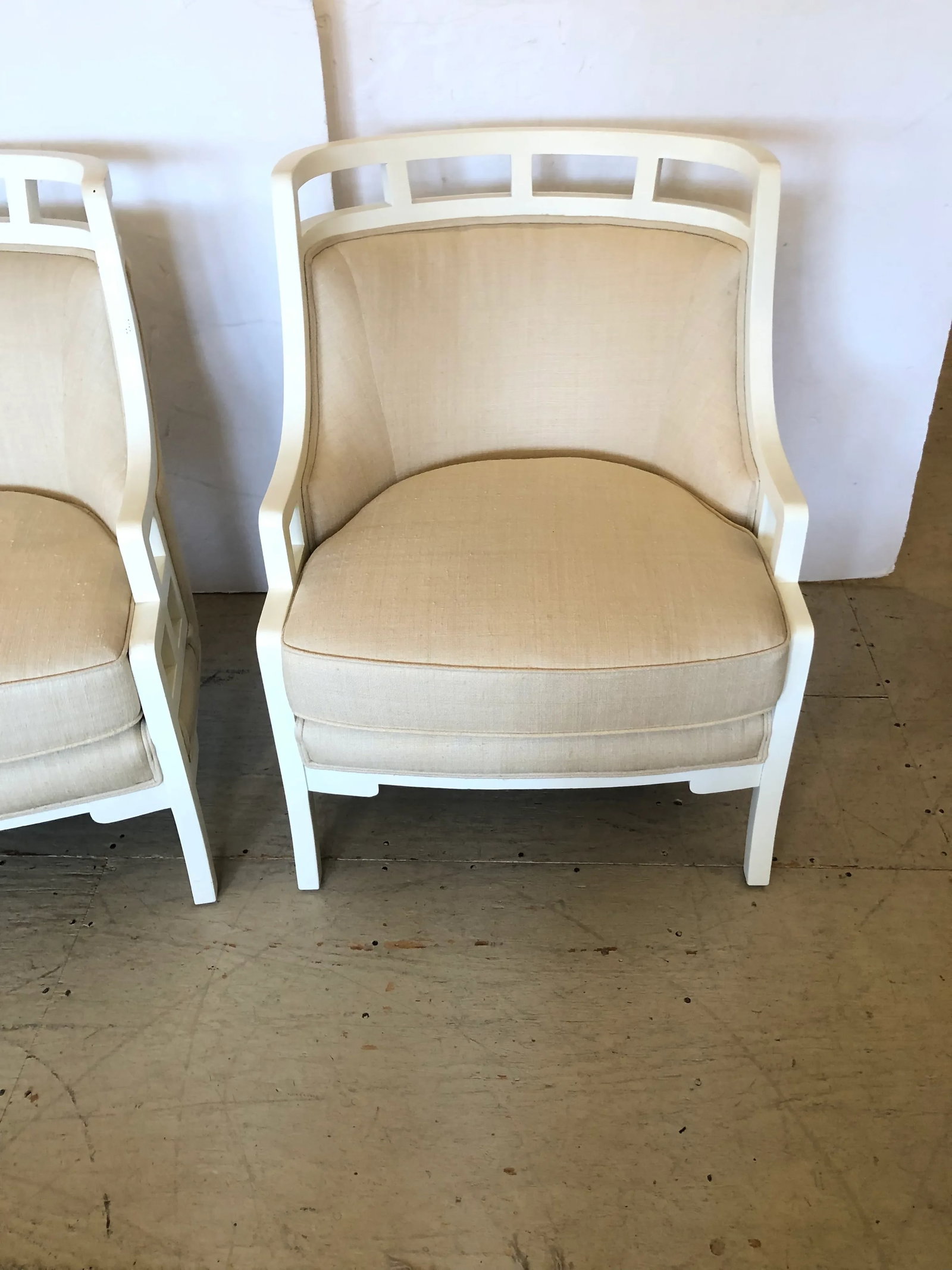 White Painted Barrel Back Club Chairs Upholstered in Linen -A Pair - 3