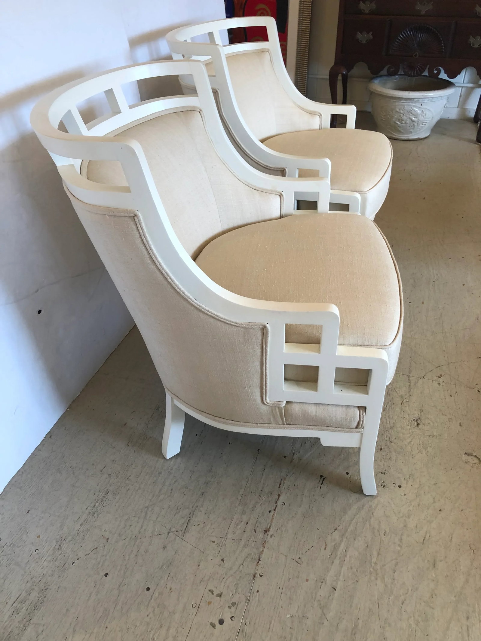 White Painted Barrel Back Club Chairs Upholstered in Linen -A Pair - 4