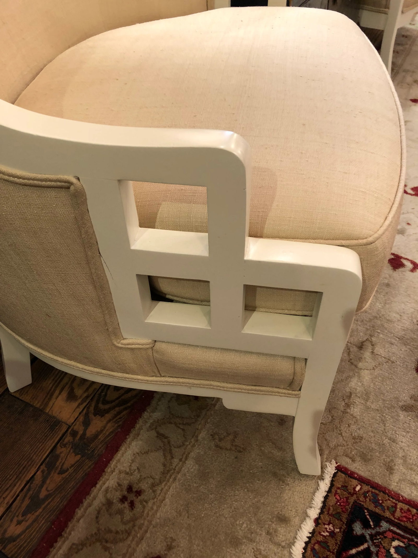 White Painted Barrel Back Club Chairs Upholstered in Linen -A Pair - 6