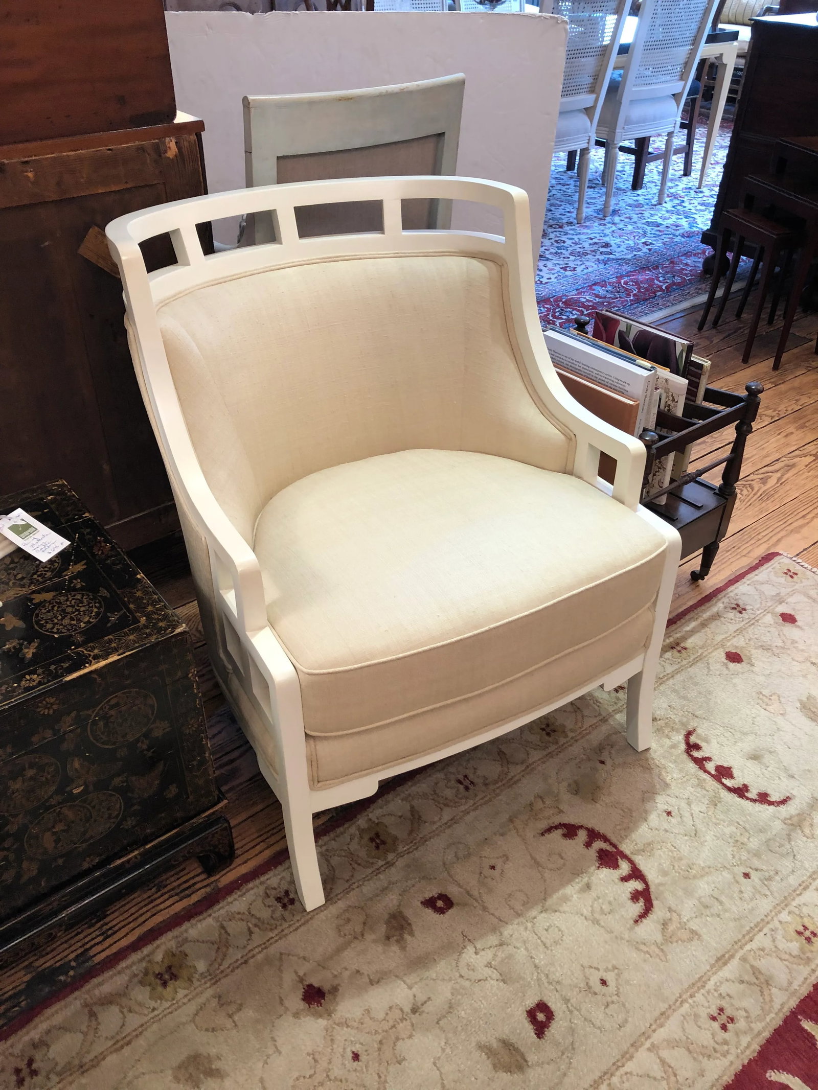 White Painted Barrel Back Club Chairs Upholstered in Linen -A Pair - 7