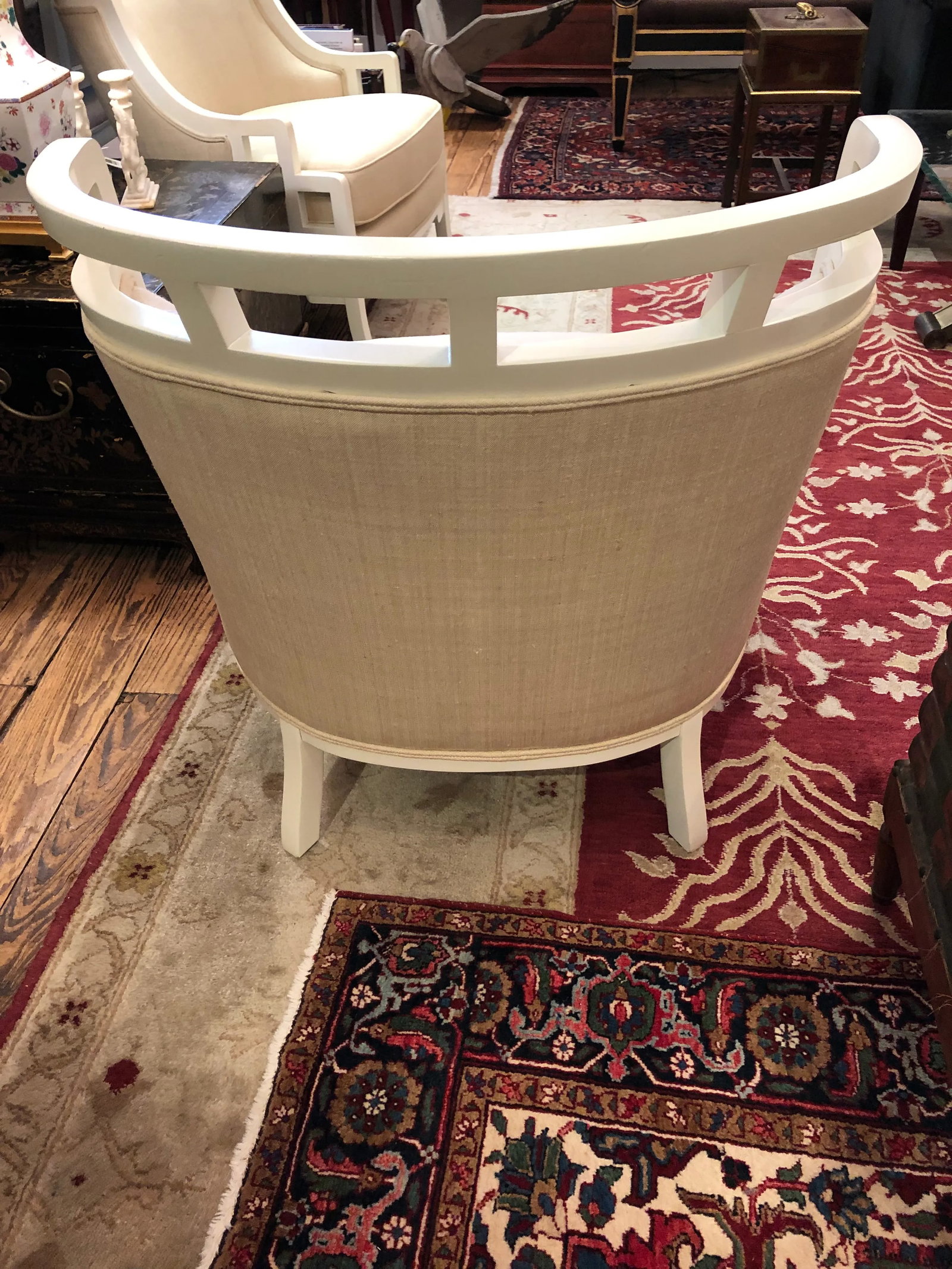 White Painted Barrel Back Club Chairs Upholstered in Linen -A Pair - 8