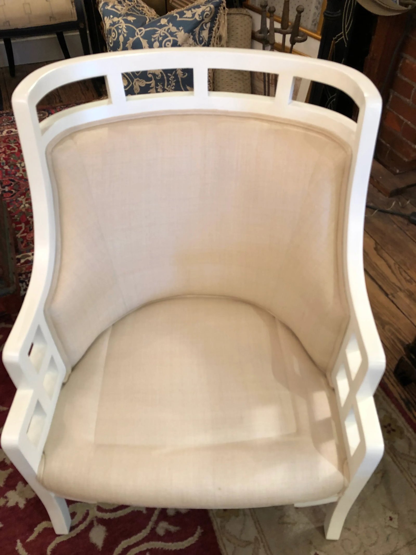 White Painted Barrel Back Club Chairs Upholstered in Linen -A Pair - 9