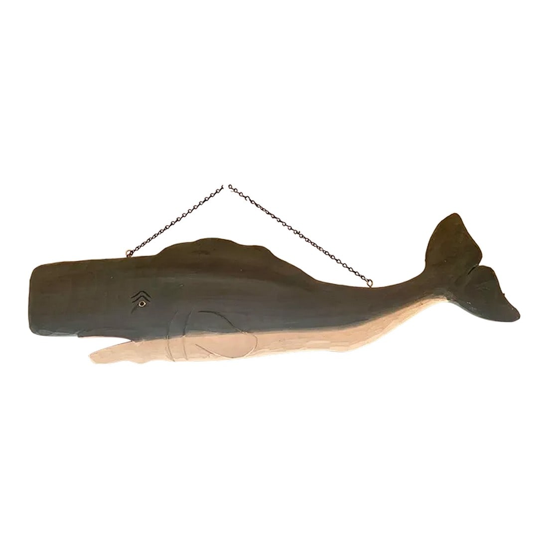 Carved Painted Wood Whale Wall Sculpture: An eye catching Nantucket large painted and carved wood hanging whale sculpture for the wall in grey blue and white. Condition: Alterations: Original Condition Unaltered Imperfections: Some