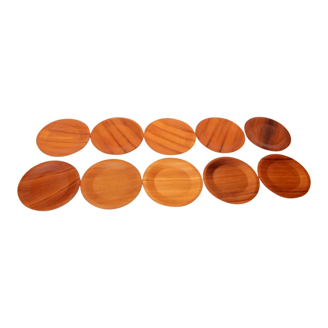 1960s Set of 10 Danish Modern Teak Dinner Plates by Langva: Beautiful and complete set of ten teak plates manufactured in the 1960s by Langva of Denmark. Slight variations in tone and wood grain along with surface scuffs to some plates, as shown. Eight of the