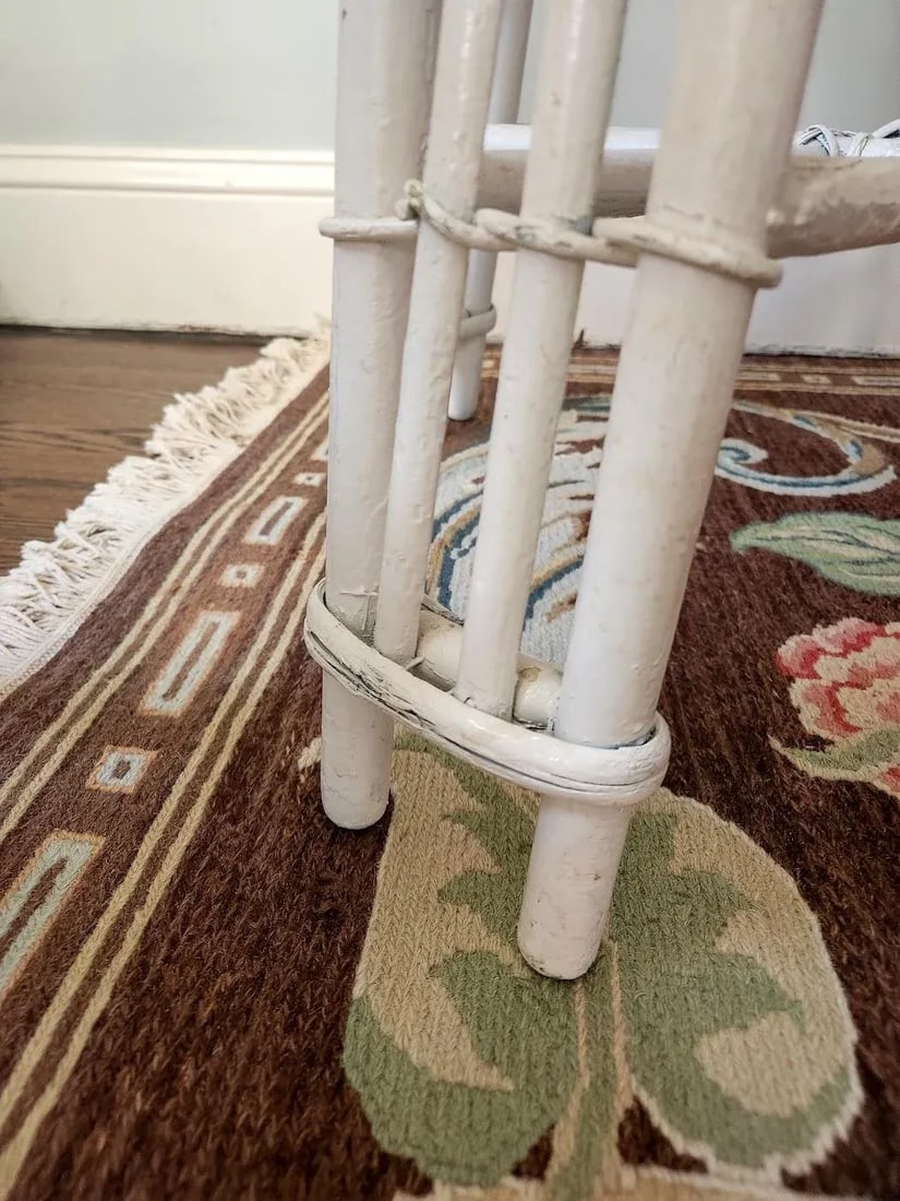 Mid 20th Century Vintage White Woven Wicker and Bamboo Side Table With Glass Top - 10