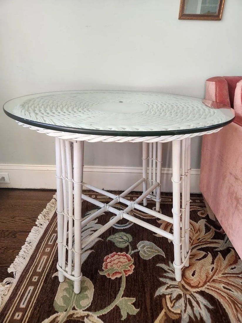 Mid 20th Century Vintage White Woven Wicker and Bamboo Side Table With Glass Top - 13