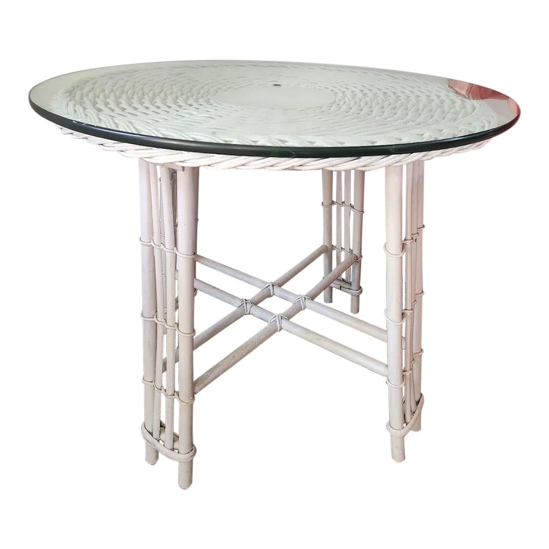 Mid 20th Century Vintage White Woven Wicker and Bamboo Side Table With Glass Top: Vintage Woven Wicker and Bamboo Side Table with Glass Top. This is tough vintage is incredibly sturdy with cross construction design and screws. It has been painted white at some time. The cross const