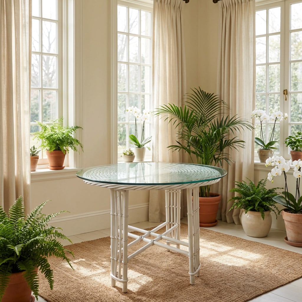 Mid 20th Century Vintage White Woven Wicker and Bamboo Side Table With Glass Top - 2