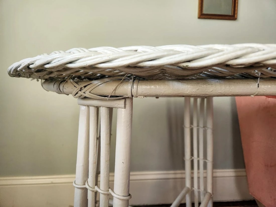 Mid 20th Century Vintage White Woven Wicker and Bamboo Side Table With Glass Top - 5