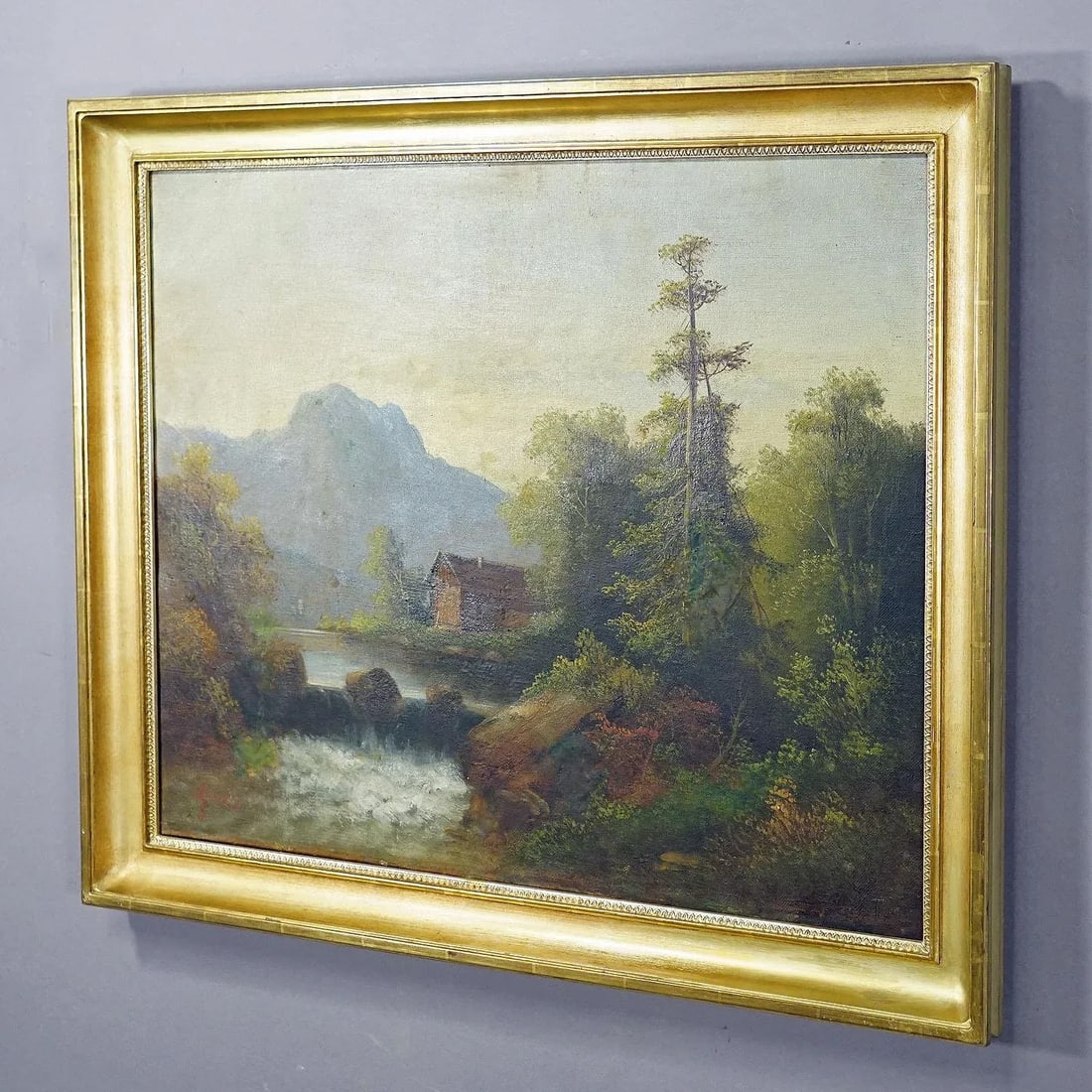 Unknown - Summerly Mountain Landscape With Water Fall and Mountain Hut, 19th Century - 2