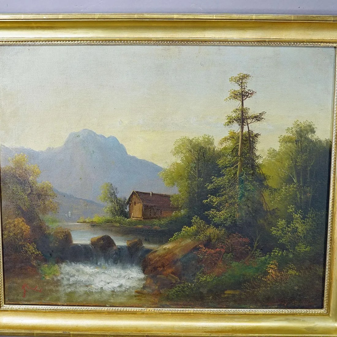 Unknown - Summerly Mountain Landscape With Water Fall and Mountain Hut, 19th Century - 3