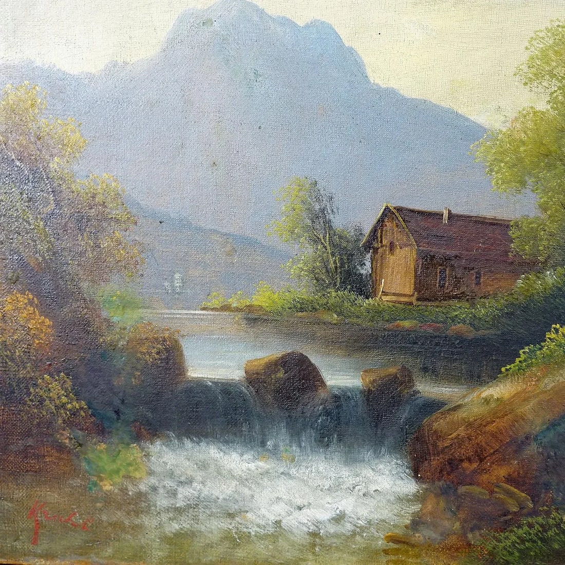 Unknown - Summerly Mountain Landscape With Water Fall and Mountain Hut, 19th Century - 5
