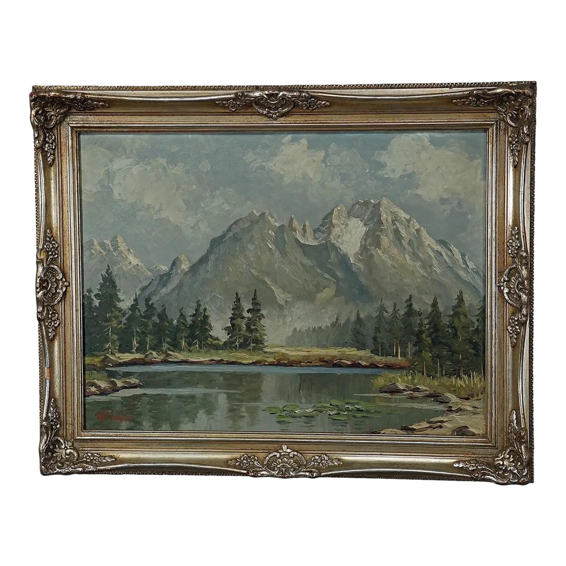 W. Kruegner- Summerly High Mountain Landscape With Alpine Lake and Watzmann: W. Kruegner- Summerly High Mountain Landscape with Alpine Lake and Watzmann An impressionistic oil painting depicting a high mountain landscape with mountain see in front of the Watzmann. Oil painting