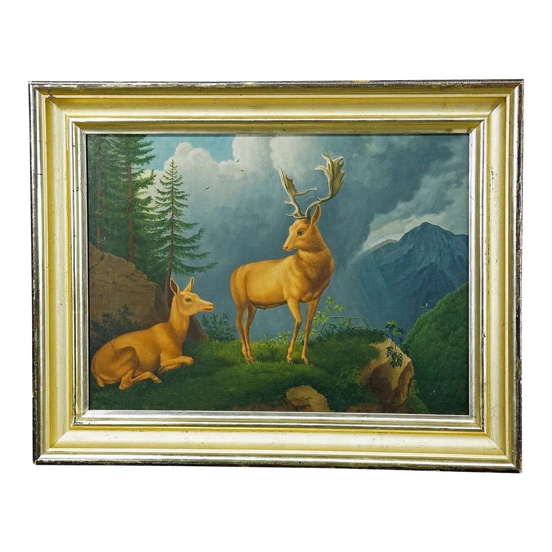 Unknown - Painting Fallow Deer With Doe in the Alps, Oil on Canvas 19th Century: Unknown - Painting Fallow Deer with Doe in the Alps, Oil on Canvas 19th century A lovely biedermeier style oil painting depicting a fallow deer family in the alpine landscape. Oil on canvas 1st halve 
