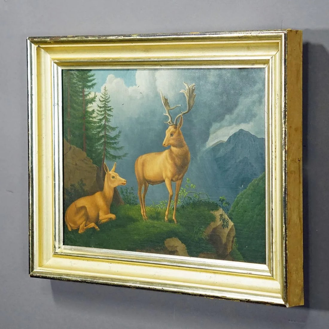 Unknown - Painting Fallow Deer With Doe in the Alps, Oil on Canvas 19th Century - 3