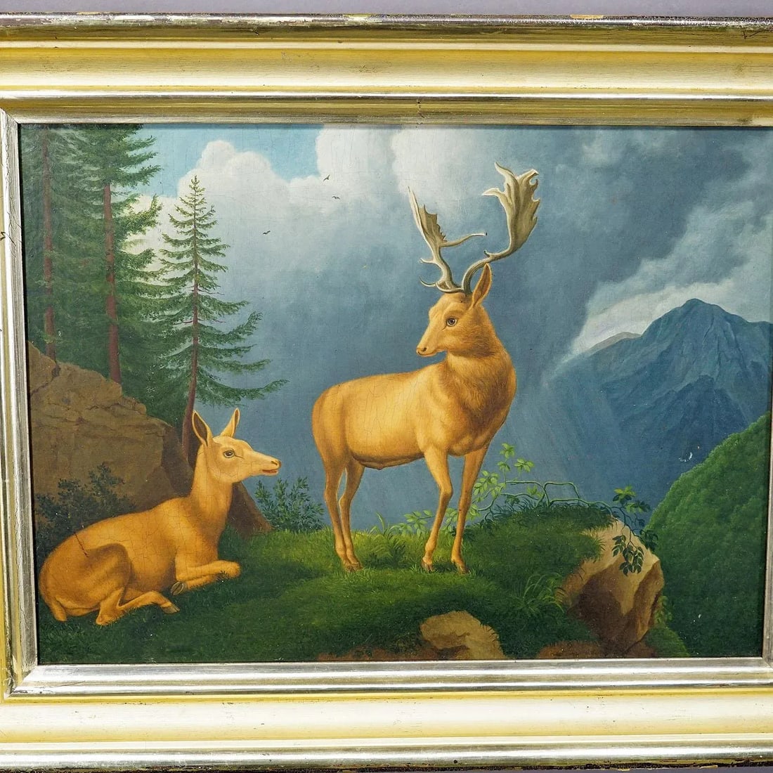 Unknown - Painting Fallow Deer With Doe in the Alps, Oil on Canvas 19th Century - 5