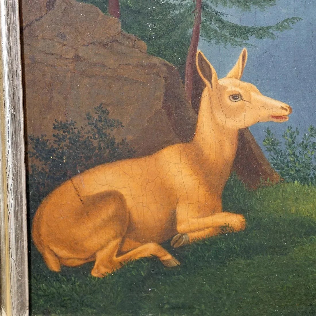 Unknown - Painting Fallow Deer With Doe in the Alps, Oil on Canvas 19th Century - 6