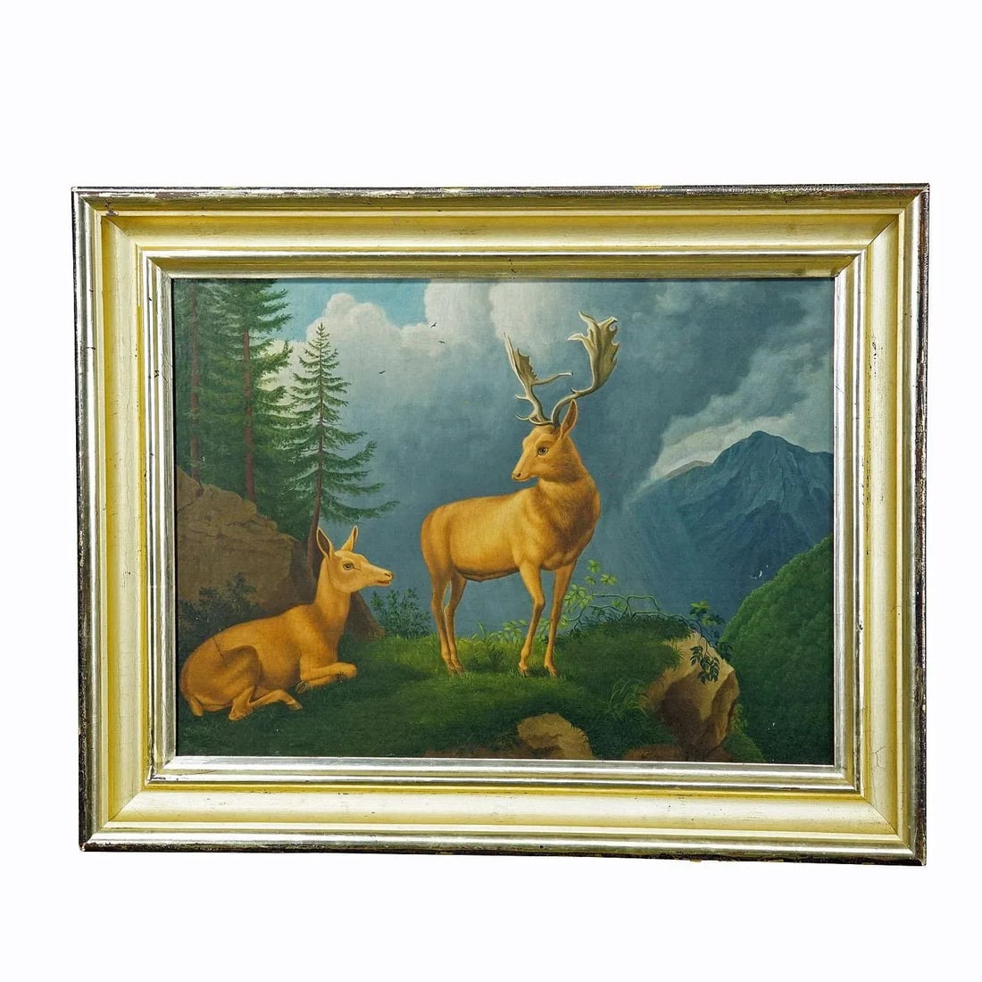 Unknown - Painting Fallow Deer With Doe in the Alps, Oil on Canvas 19th Century - 8