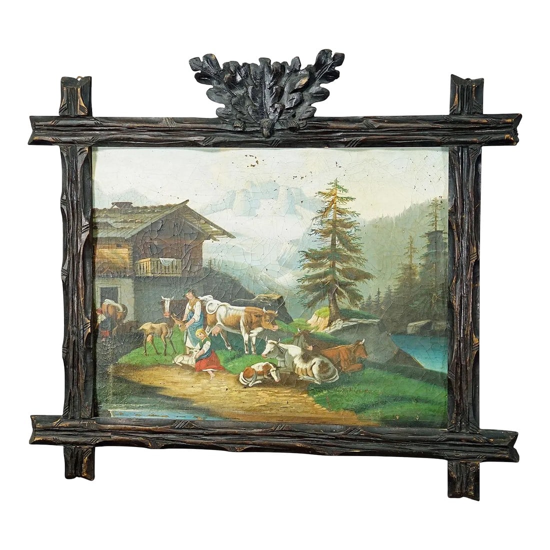 Oil Painting Folksy Scenery With Cattles, Goats and Farmer's Wifes, Ca. 1900s: Oil Painting Folksy Scenery with Cattles, Goats and Farmer's Wifes, ca. 1900s A colorful antique oil painting depicting a bavarian farmers family with their cattles and goats. The scene is located