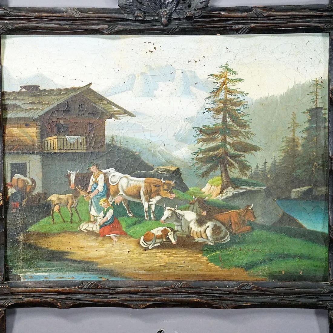 Oil Painting Folksy Scenery With Cattles, Goats and Farmer's Wifes, Ca. 1900s - 2