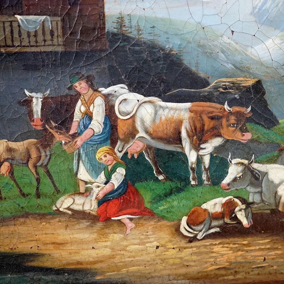 Oil Painting Folksy Scenery With Cattles, Goats and Farmer's Wifes, Ca. 1900s - 3