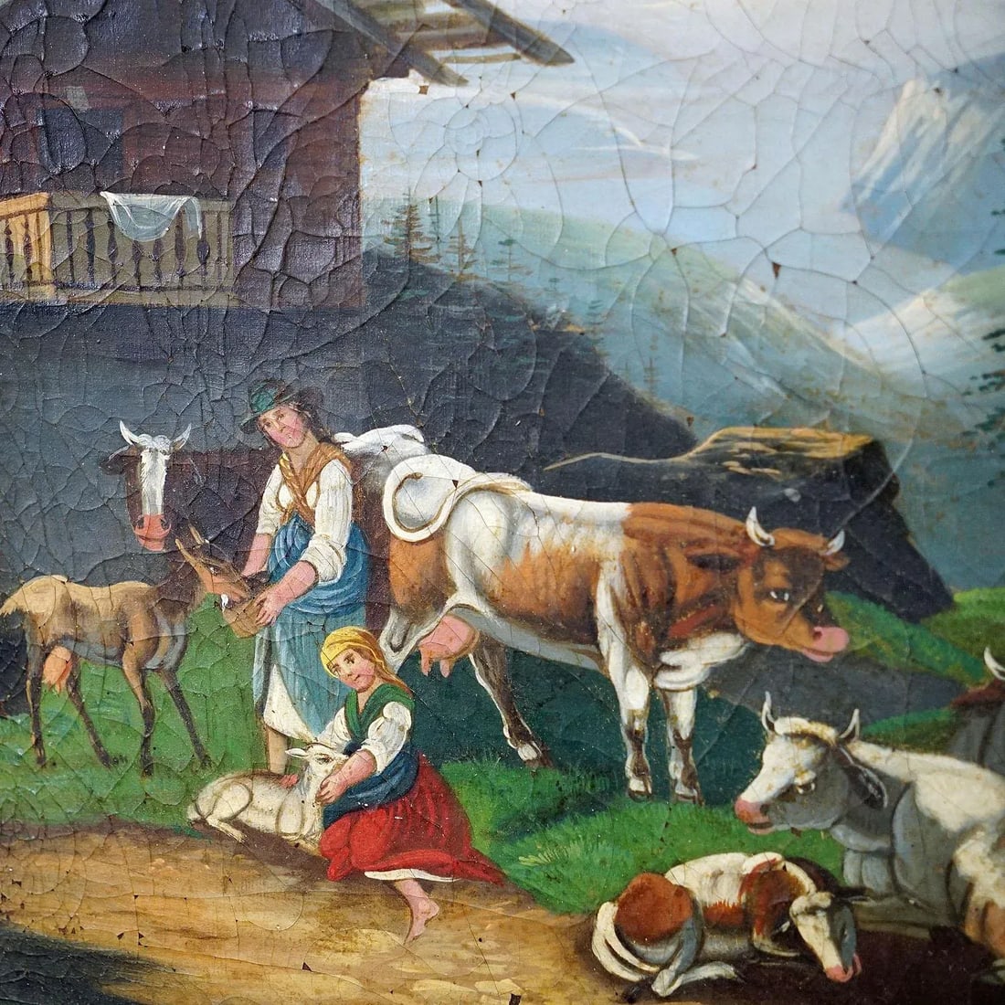 Oil Painting Folksy Scenery With Cattles, Goats and Farmer's Wifes, Ca. 1900s - 4