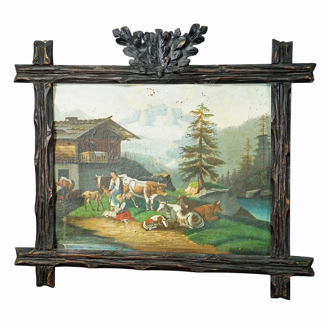 Oil Painting Folksy Scenery With Cattles, Goats and Farmer's Wifes, Ca. 1900s - 8