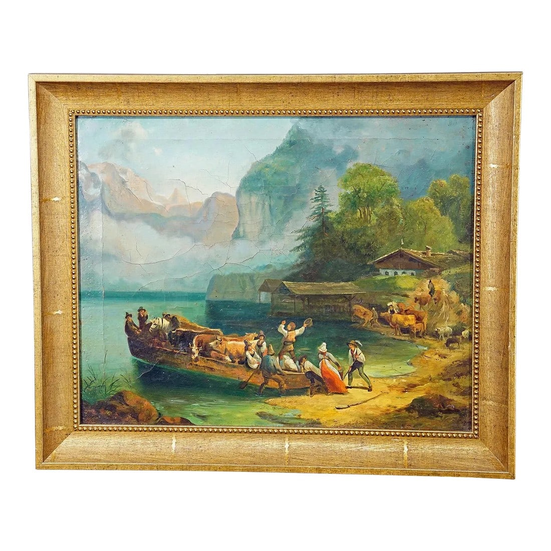 Antique Painting Cattle Carriage on an Alpine Lake, Oil on Canvas 19th Century: Antique Painting Cattle Carriage on an Alpine Lake, Oil on Canvas 19th century A lovely antique oil painting depicting a Tyrolian farmers family which loads their cattle heard onto a boat. The scene