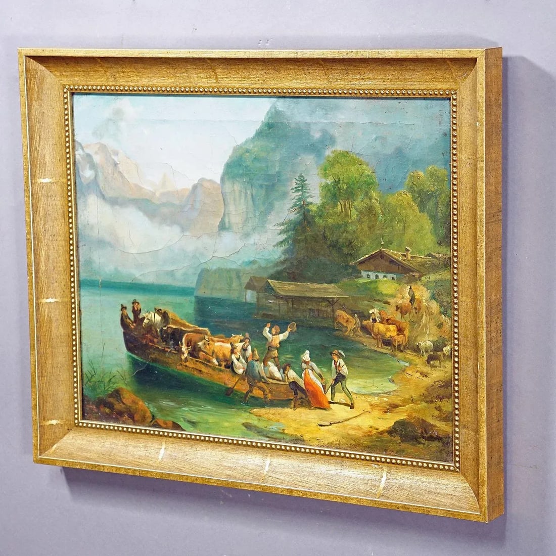 Antique Painting Cattle Carriage on an Alpine Lake, Oil on Canvas 19th Century - 3