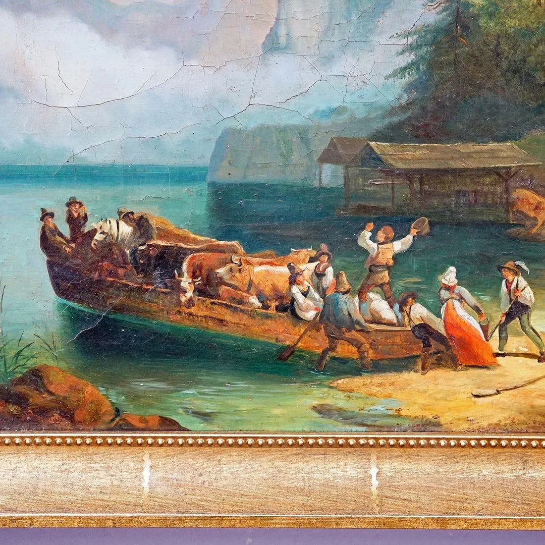 Antique Painting Cattle Carriage on an Alpine Lake, Oil on Canvas 19th Century - 4