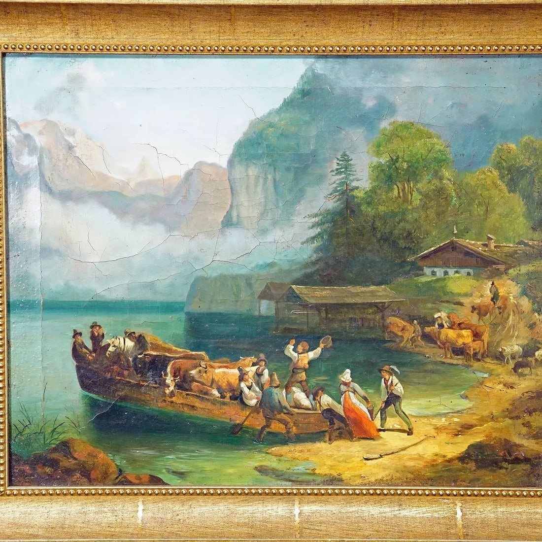 Antique Painting Cattle Carriage on an Alpine Lake, Oil on Canvas 19th Century - 5