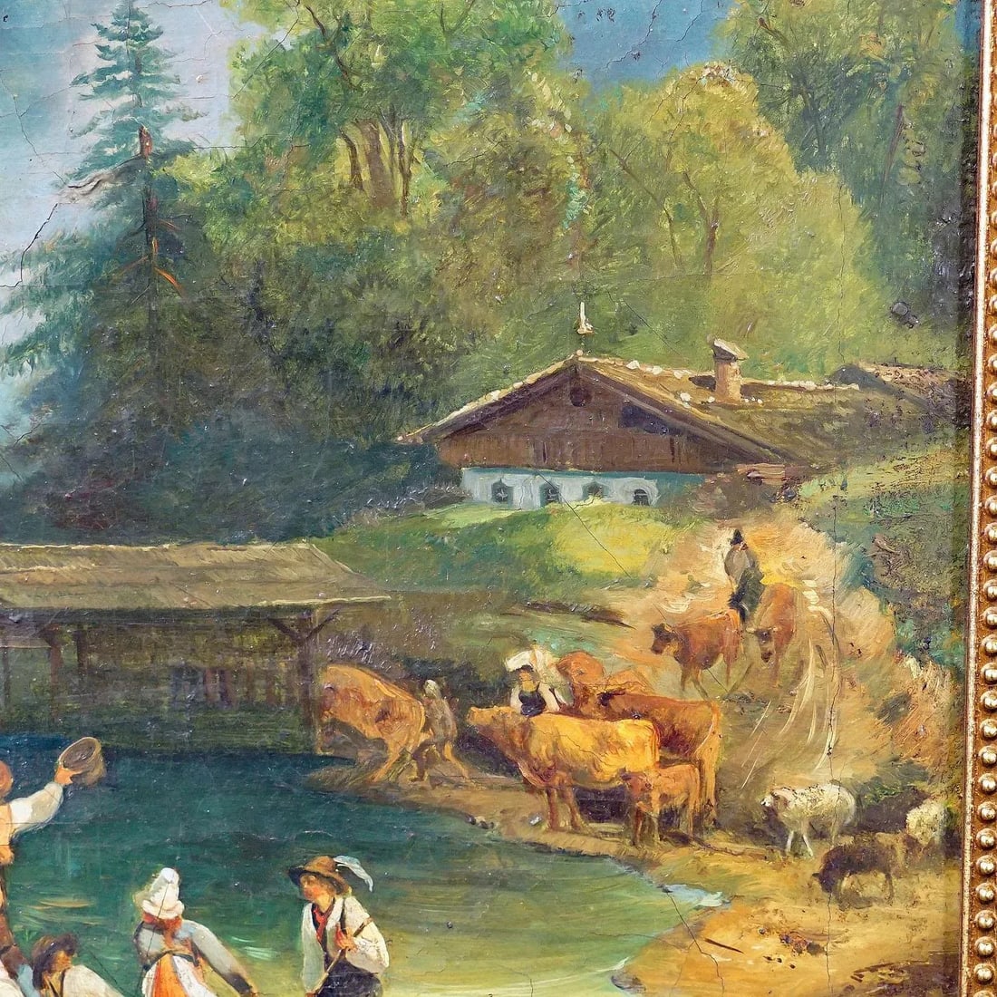 Antique Painting Cattle Carriage on an Alpine Lake, Oil on Canvas 19th Century - 6