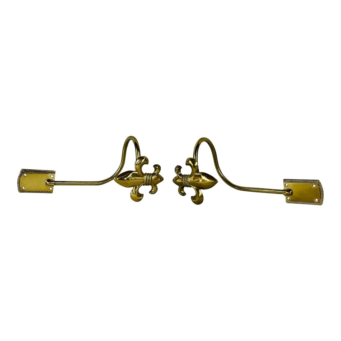 Brass Fleur De Lis Curtain Holdbacks - a Pair: Brass fleur de lis curtain holdbacks. Mounting screws included. Condition: Alterations: Original Condition Unaltered Imperfections: Some Imperfections Condition Notes: Some paint flecks normal with