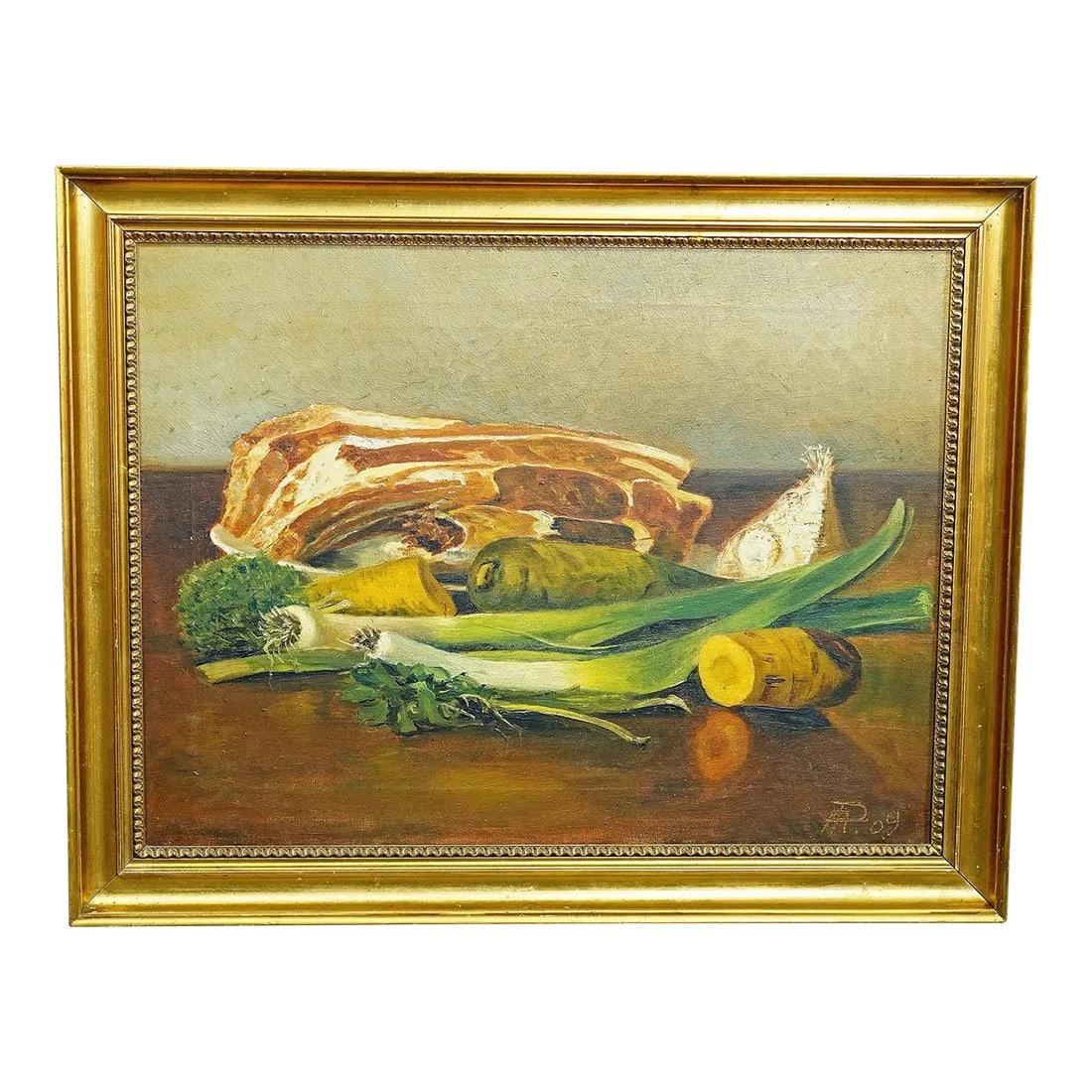 Still Life With Meat and Vegetables, Oil Painting on Canvas, Germany 1909: Still Life with Meat and Vegetables, Oil Painting on Canvas, Germany 1909 An impressive still life painting depicting meat, and diverse vegetables. Painted in oil on canvas with pastell colors.