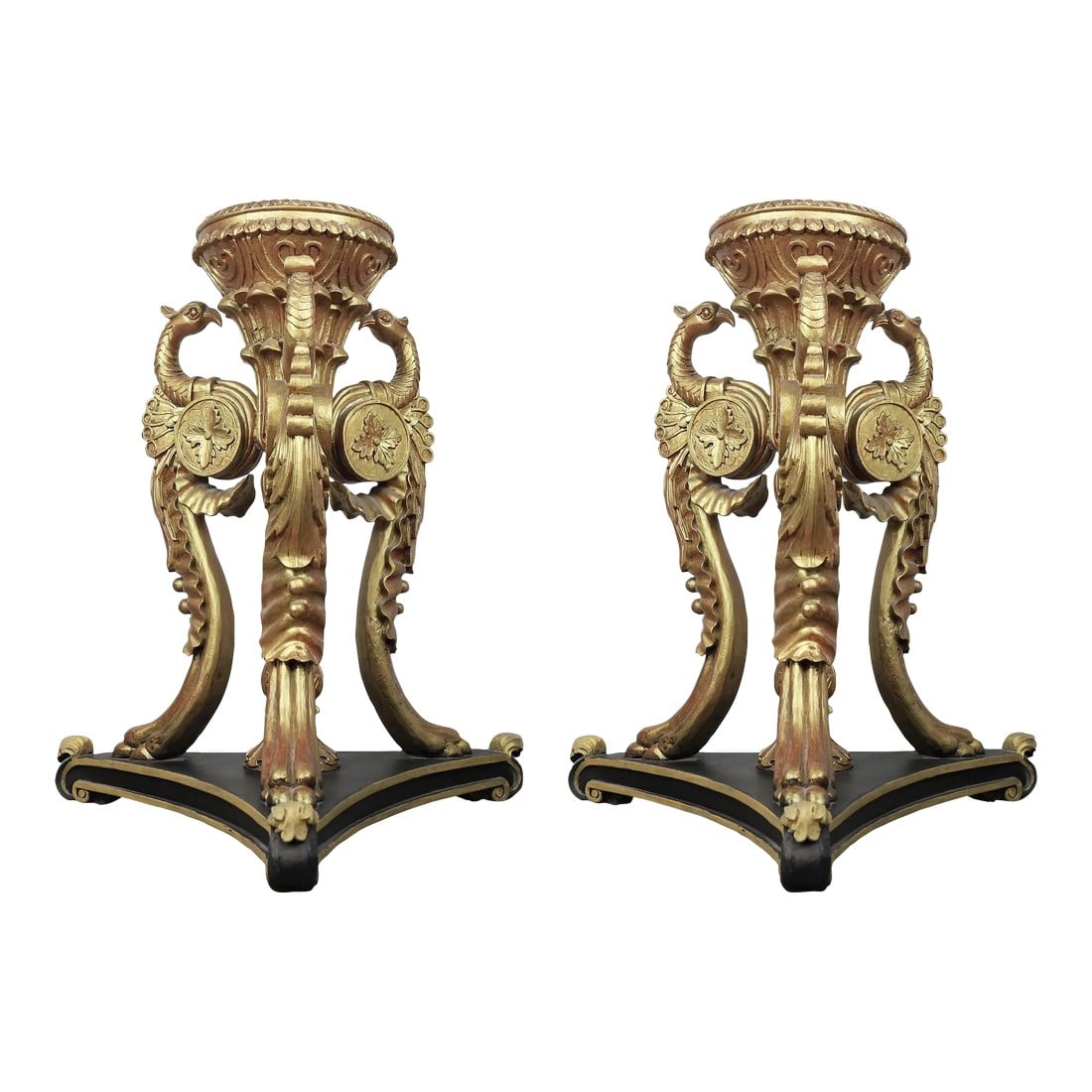 A Pair of 20th Baroque Tripod Vases: This is a stunning pair of baroque tripod vase holders. carved by hand Three gilt phoenixes surround the upper circular planter, with their heads up and their tail feathers supporting a triangular
