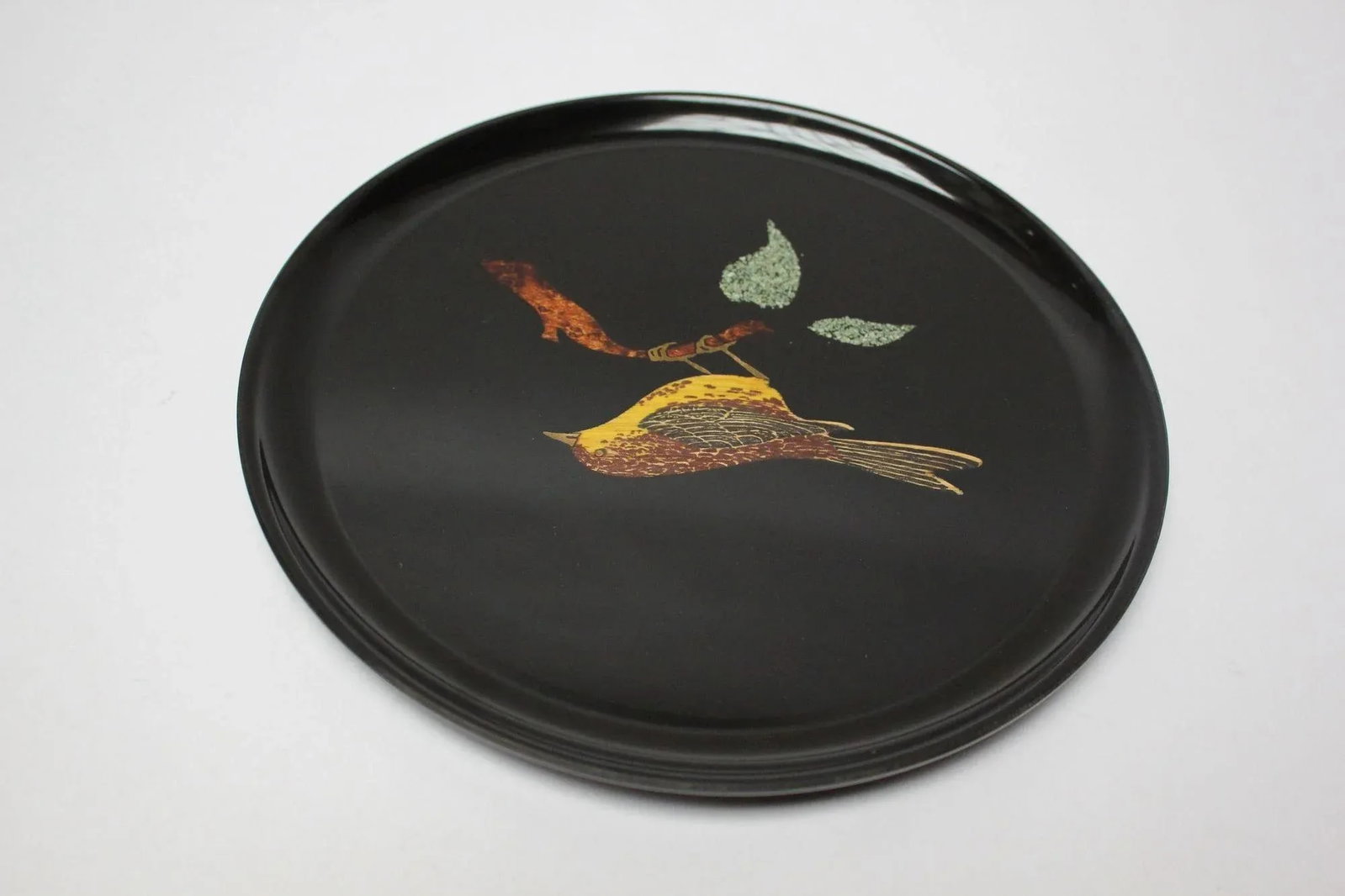 Pair of Mid-Century Black Resin Inlaid "Bird" Plates by Couroc - 4