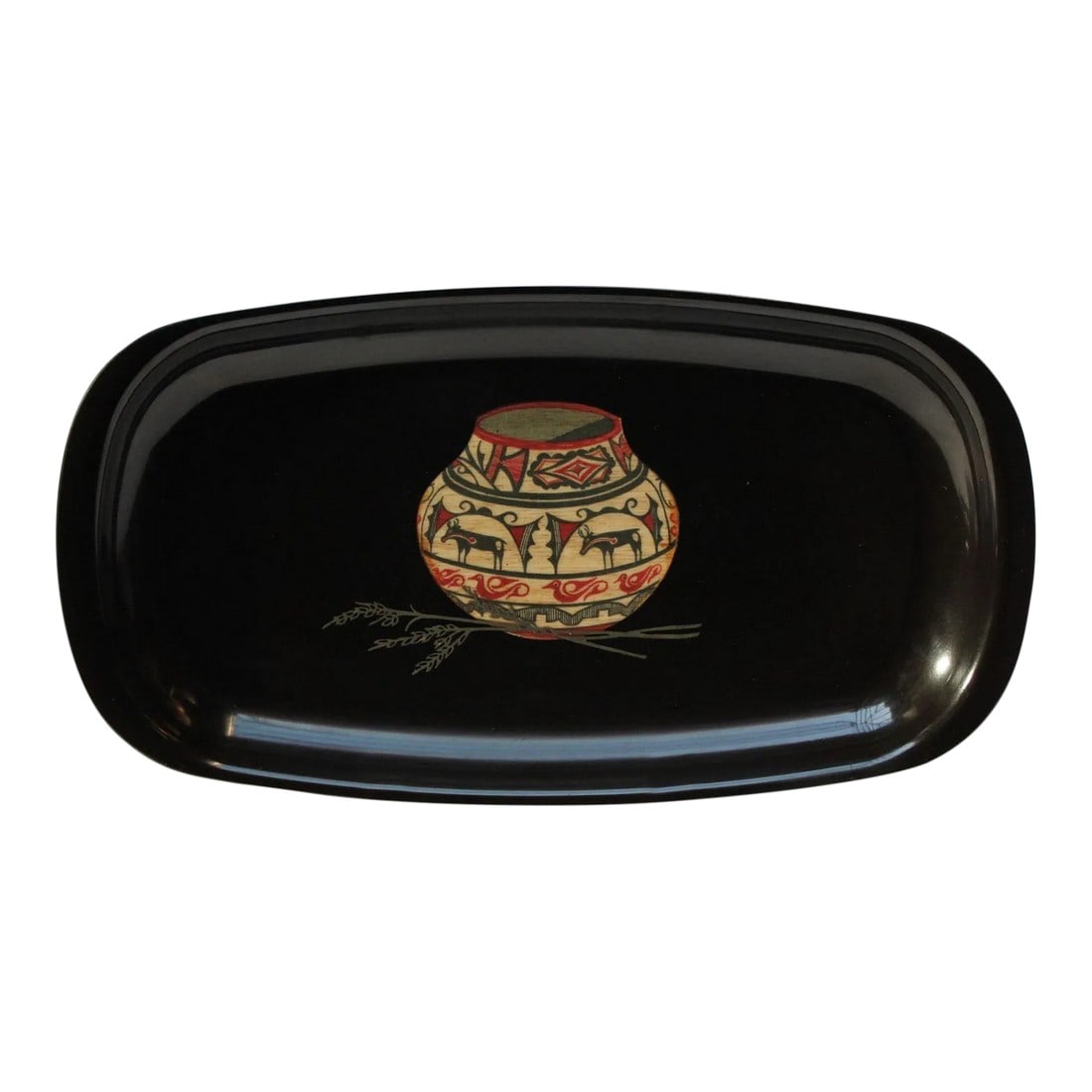 Mid-Century Black Resin Inlaid Native American/Southwest Style "Pottery Bowl With Deer" Tray by Cour: Oblong tray by Couroc of Monterey, California with an Aztec/Native American/Southwest-style pottery bowl with 'deer' motif along side a sheaf of wheat (circa 1960s). Composed of a black lacquer phenol