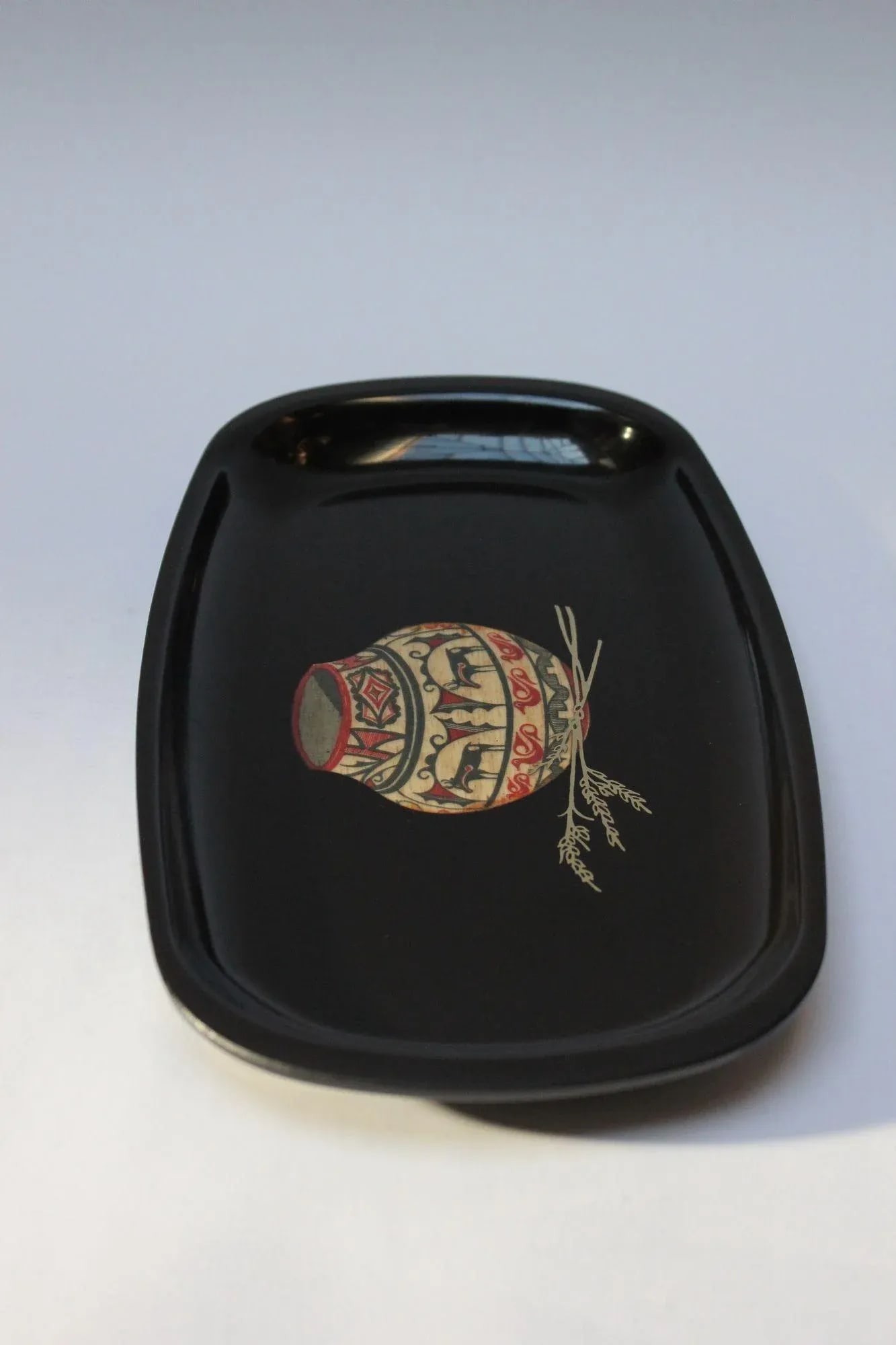 Mid-Century Black Resin Inlaid Native American/Southwest Style "Pottery Bowl With Deer" Tray by Cour - 3