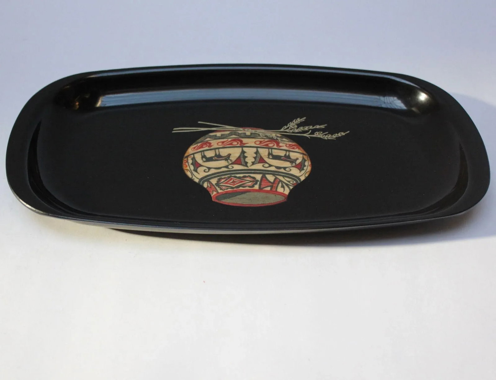 Mid-Century Black Resin Inlaid Native American/Southwest Style "Pottery Bowl With Deer" Tray by Cour - 4