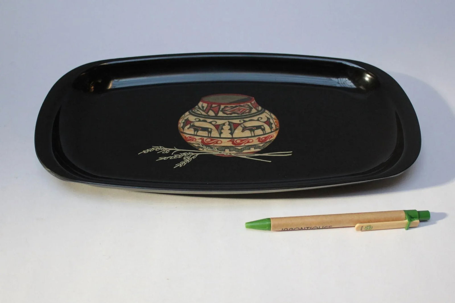 Mid-Century Black Resin Inlaid Native American/Southwest Style "Pottery Bowl With Deer" Tray by Cour - 6