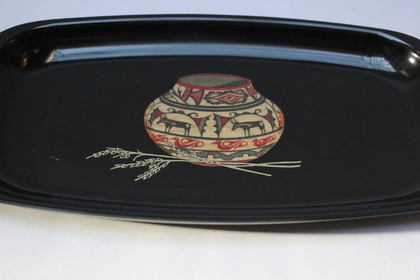 Mid-Century Black Resin Inlaid Native American/Southwest Style "Pottery Bowl With Deer" Tray by Cour - 7