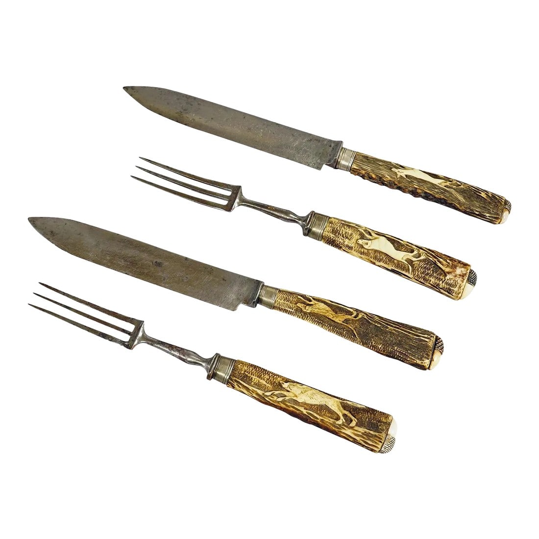Antique Set of Rustic Hunters Cutlery With Carved Deer Horn Handles- 4 Pieces: Antique Set of Rustic Hunters Cutlery with Carved Deer Horn Handles A rare antique set of 2 knives and 2 forks. The handles are made of deer horn and decorated with handcarved animals like deer, wild 
