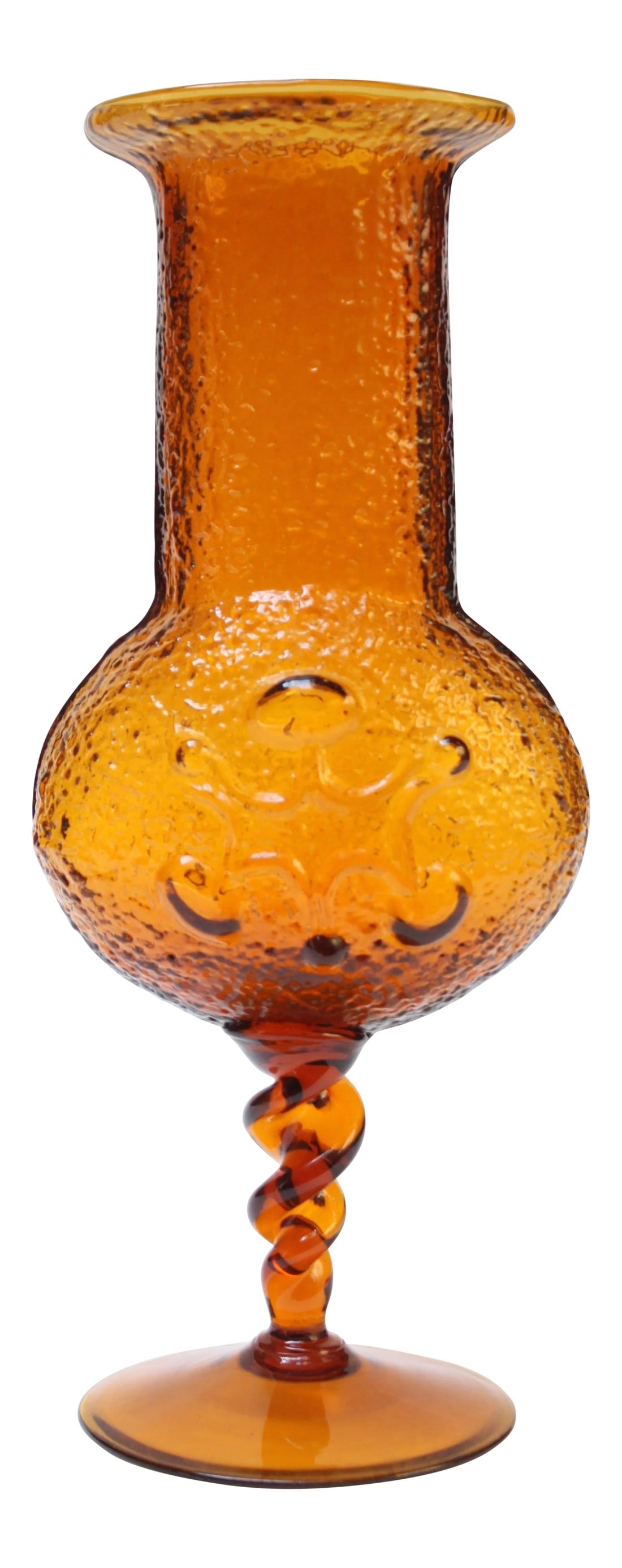 Stelvia Amber Blown-Glass 'Antiqua' Vase designed by Wayne Husted: This Italian amber vase was designed by Wayne Husted (famous for his work with Blenko in the 1950s and 1960s) for Stelvia and imported by Peedee. The pattern, inspired by medieval imagery, is known as
