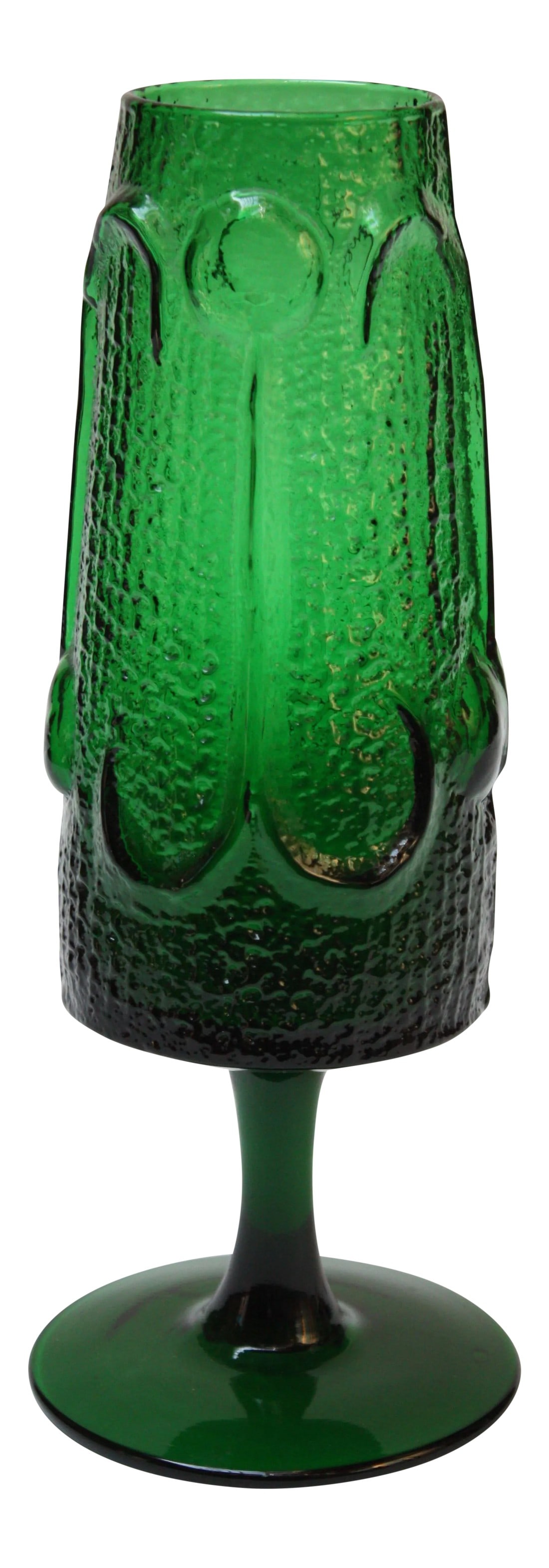 Stelvia Emerald Blown-Glass 'Antiqua' Vase designed by Wayne Husted: This Italian emerald green vase was designed by Wayne Husted (famous for his work with Blenko in the 1950s and 1960s) for Stelvia and imported by Peedee. The pattern, inspired by medieval imagery, is 