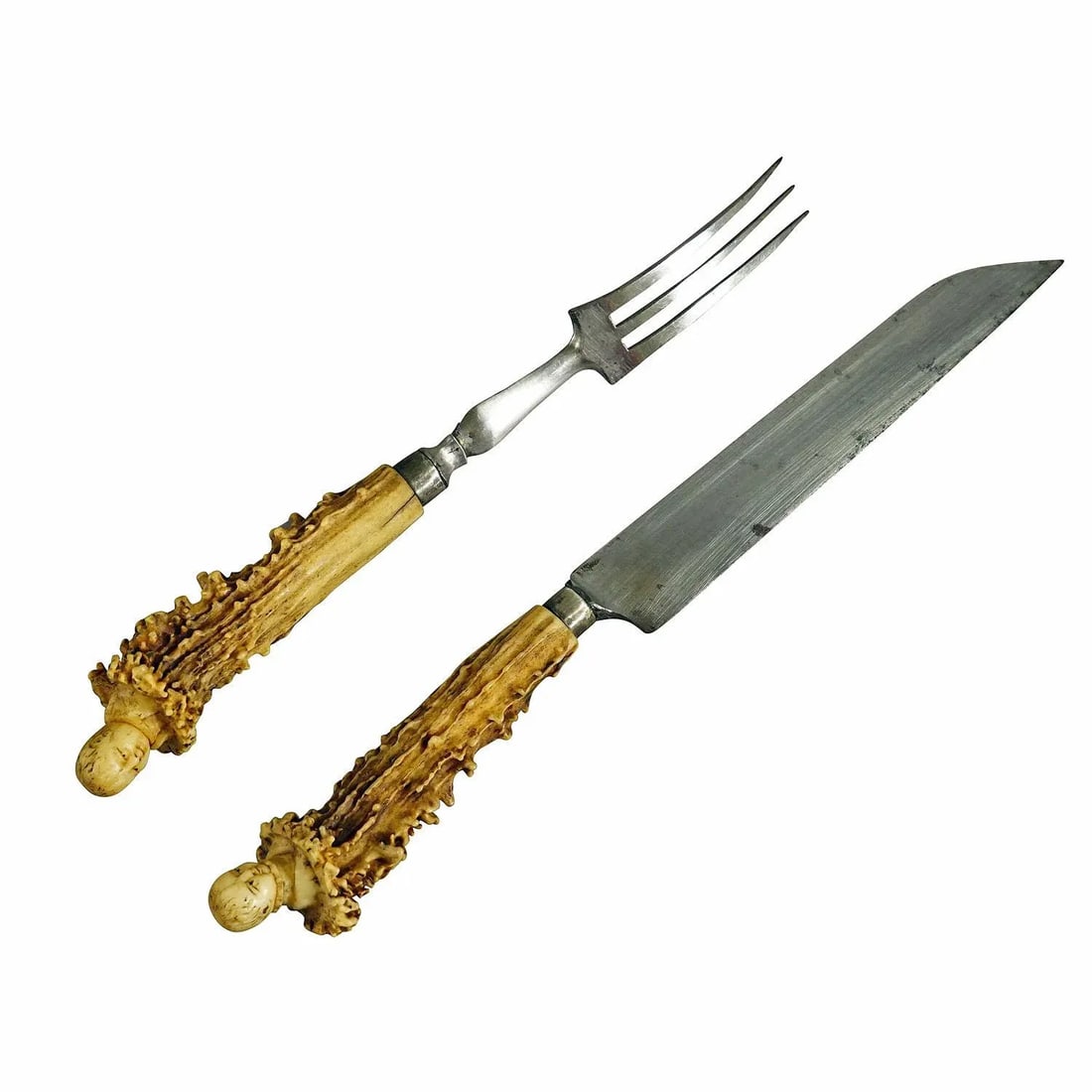 Antique Set of Rustic Serving Cutlery With Carved Horn Handles 19th - 11