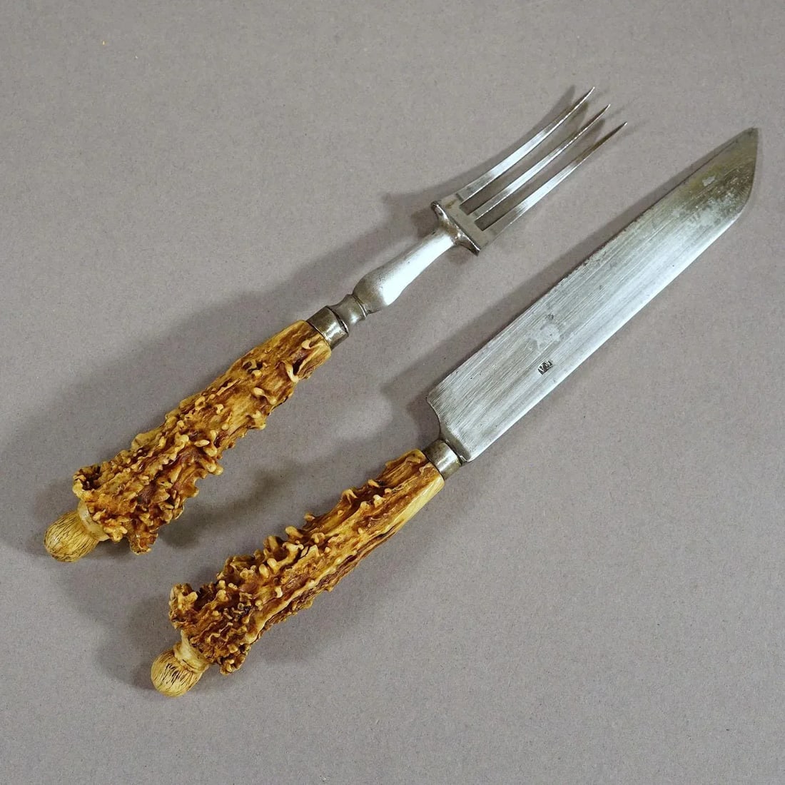 Antique Set of Rustic Serving Cutlery With Carved Horn Handles 19th - 2