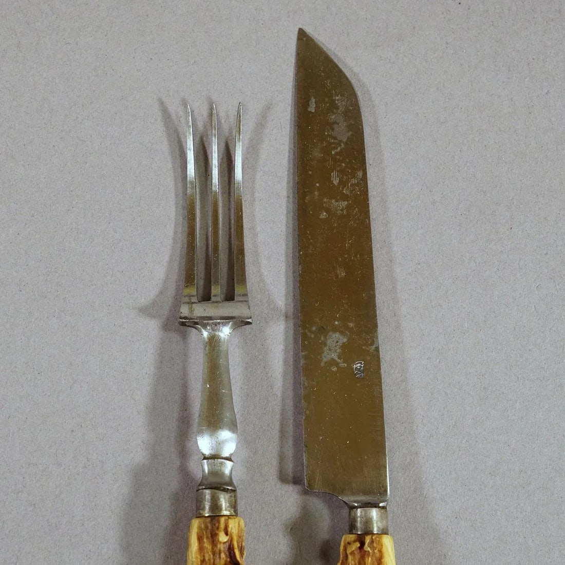 Antique Set of Rustic Serving Cutlery With Carved Horn Handles 19th - 4