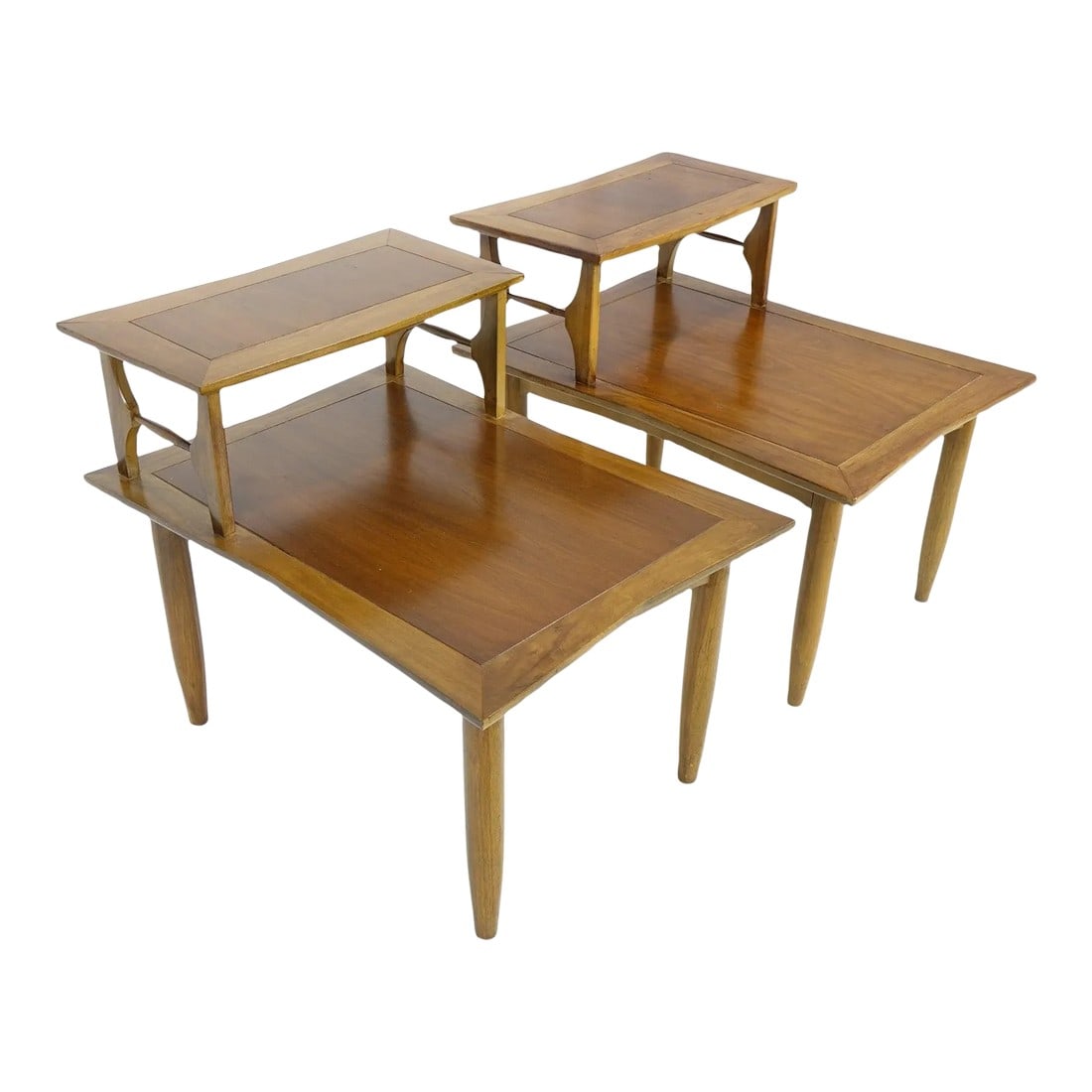 Pair of 2-Tier Mid Century Modern End Tables Attributed to Lubberts & Mulder for Tomlinson, C. 1960s: Mid-Century Side Table - A Pair End Tables have "Bow Tie" look with indented sides and ends Condition: Alterations: Unknown Imperfections: Some Imperfections Condition Notes: Good overall condition, s
