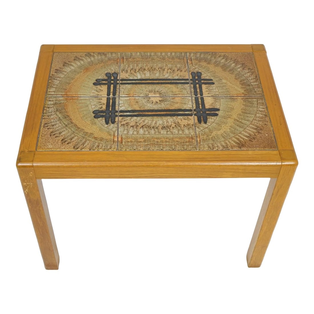 Late 20th Century Small decorative Table with Tile top: Small decorative Table/Tile top (27.5" x 20" x 21") Hand painted tile top with notable "A" signed at corner Unique Sunburt design with varying tans & blacks Condition: Alterations: Unknown