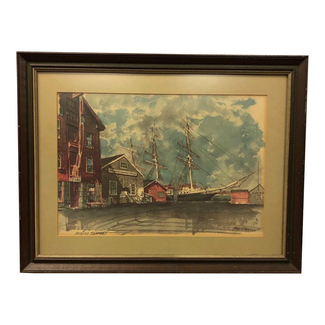 Late 19th Century Mystic Seaport Print of Watercolor Painting Signed on the Bottom, Framed: Mystic Seaport, Print of Watercolor Painting, Signed on the Bottom - 25.5" x 19.5" Condition: Alterations: Unknown Imperfections: Some Imperfections Condition Notes: Good Condition. See pictures for